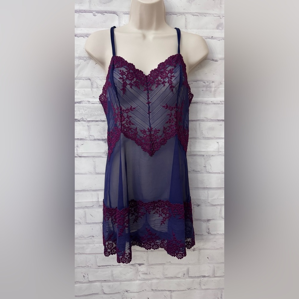 Wacoal Embrace Lace Chemise Med Blue Floral Mesh Sheer 814191 Sexy Gown Neglige